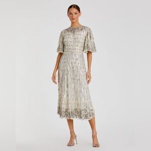 NWT $578 MAC DUGGAL EMBELLISHED RHINESTONED Flounce Sleeve Midi Dress 5579